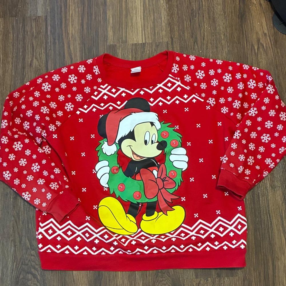 Disney Mickey Mouse Christmas Light Up Ugly Sweater Sweatshirt XL Red Holiday